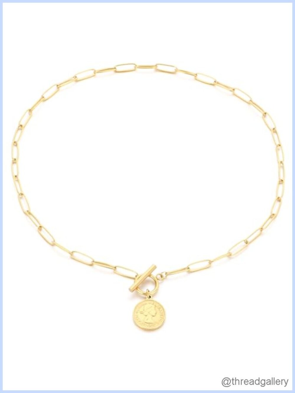Gold Plated Elizabeth Coin Pendant Necklace Paperclip Chain Toggle Clasp